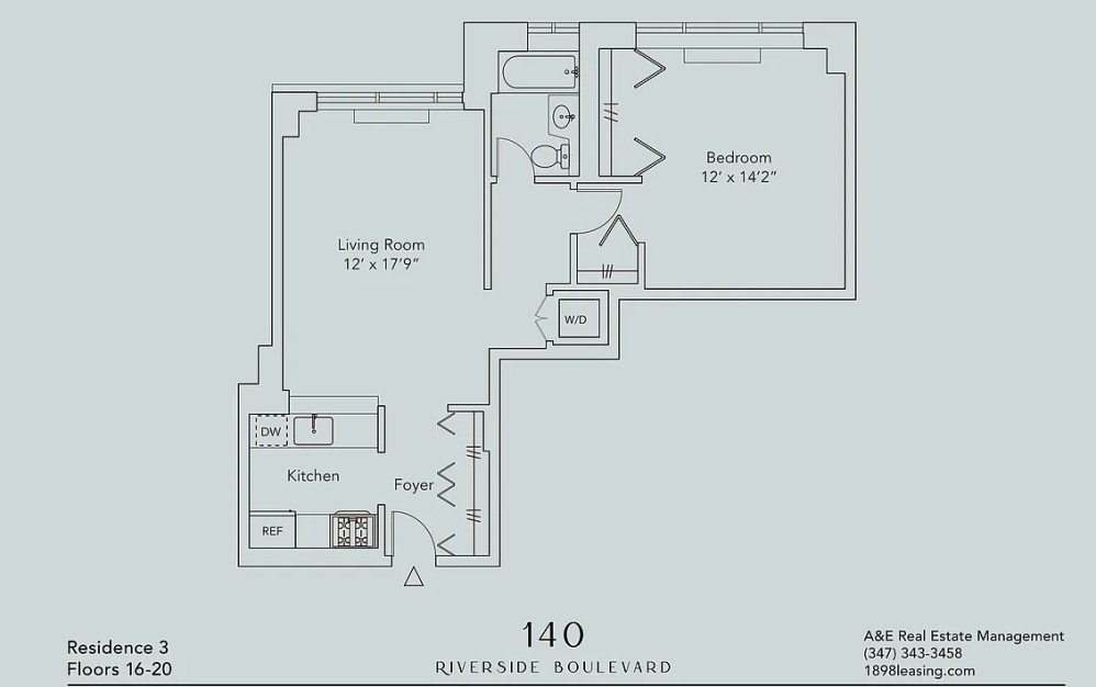 1903 - 1 bedroom floorplan layout with 1 bathroom and 729 square feet (Floor 12)