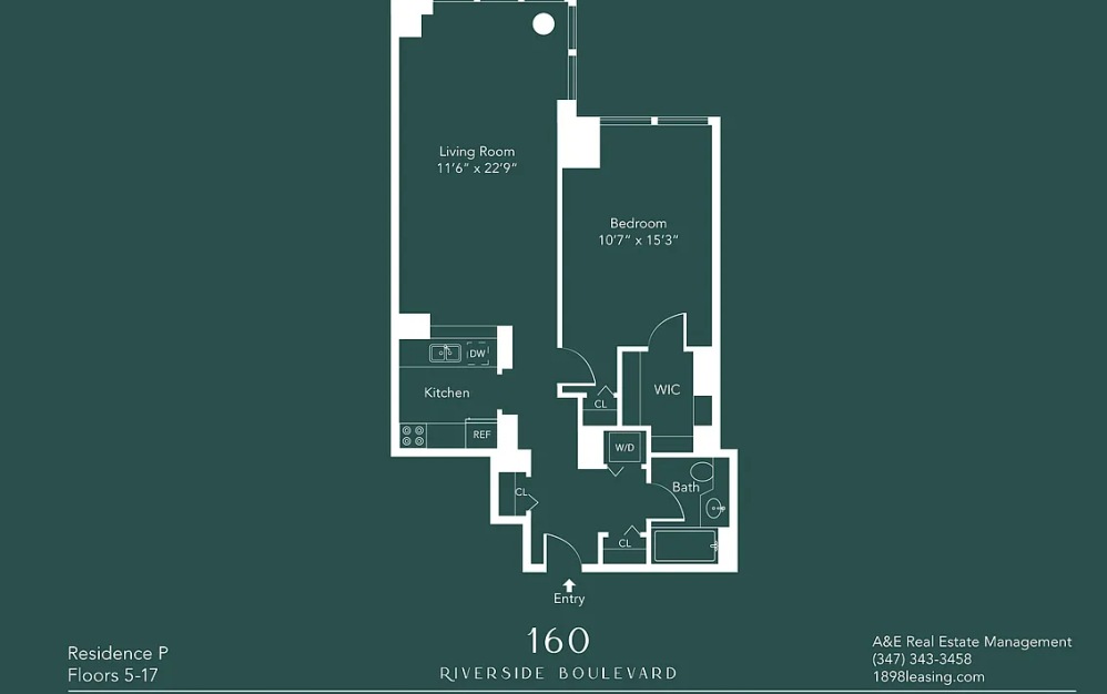 16P - 1 bedroom floorplan layout with 1 bathroom and 818 square feet (Floor 18)