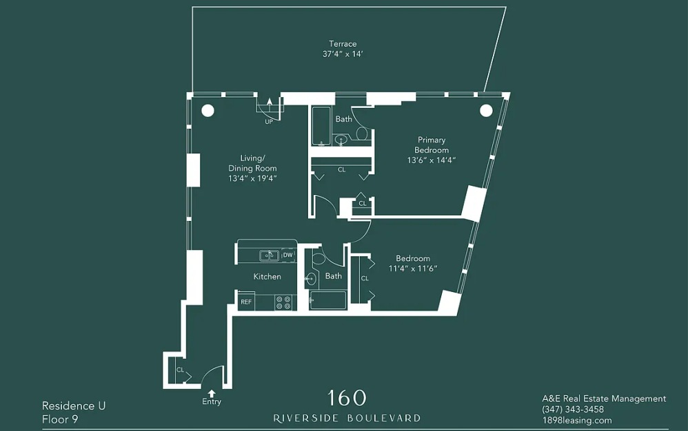 9U - 2 bedroom floorplan layout with 2 bathrooms and 1081 square feet (Floor 20)