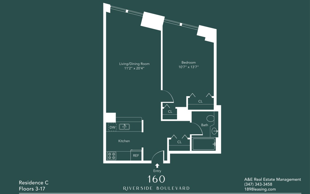 12C - 1 bedroom floorplan layout with 1 bathroom and 685 square feet (Floor 11)