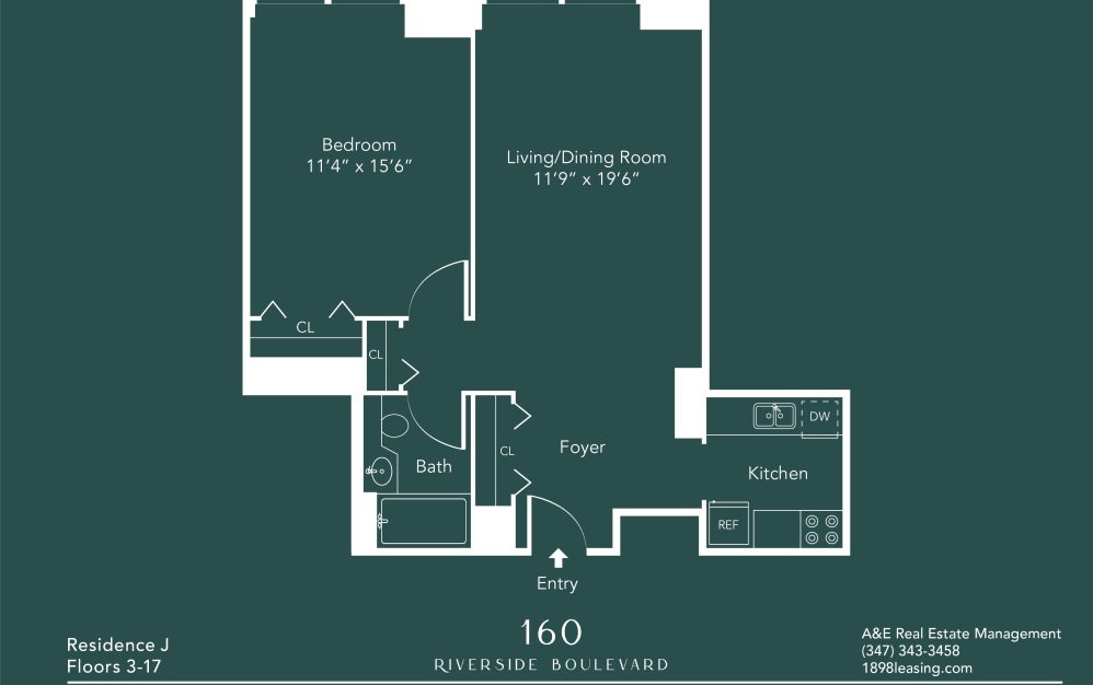 10J - 1 bedroom floorplan layout with 1 bathroom and 702 square feet (Floor 15)