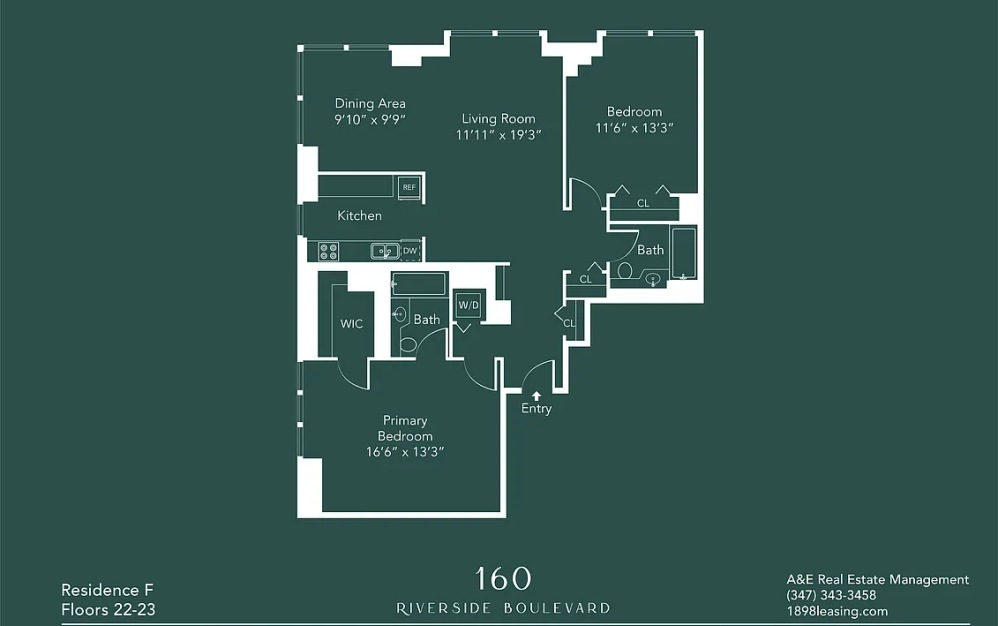 27F - 2 bedroom floorplan layout with 2 bathrooms and 1207 square feet (Floor 18)