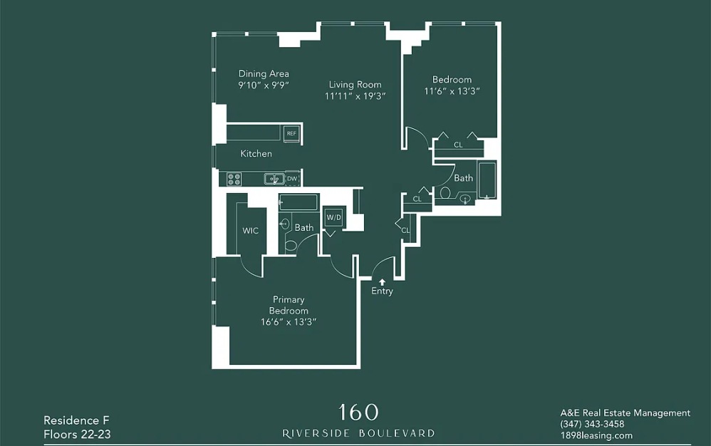 23F - 2 bedroom floorplan layout with 2 bathrooms and 1207 square feet (Floor 18)