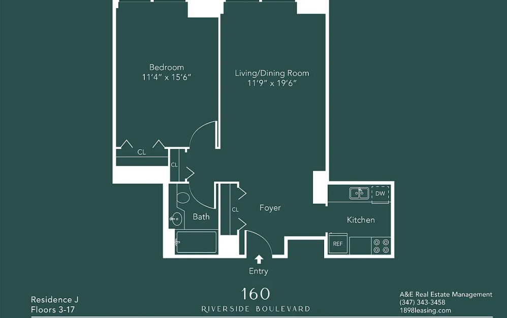 15J - 1 bedroom floorplan layout with 1 bathroom and 702 square feet (Floor 13)
