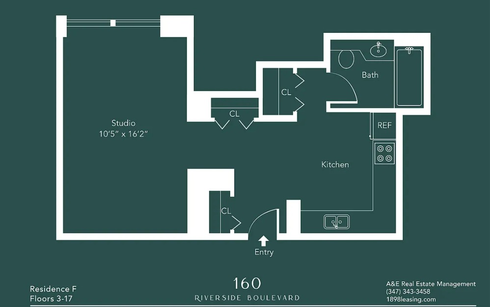 12F - Studio floorplan layout with 1 bathroom and 421 square feet (Floor 12)