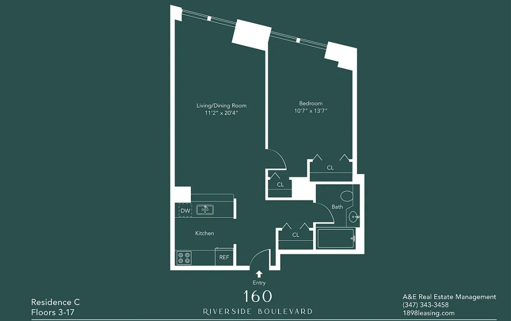 16C - 1 bedroom floorplan layout with 1 bathroom and 685 square feet (Floor 11)