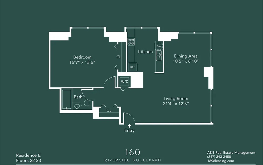 25E - 1 bedroom floorplan layout with 1 bathroom and 907 square feet (Floor 9)