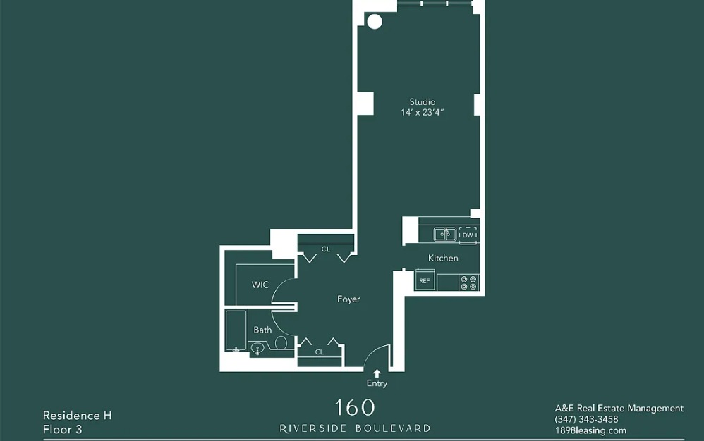 3H - Studio floorplan layout with 1 bathroom and 743 square feet (Floor 10)