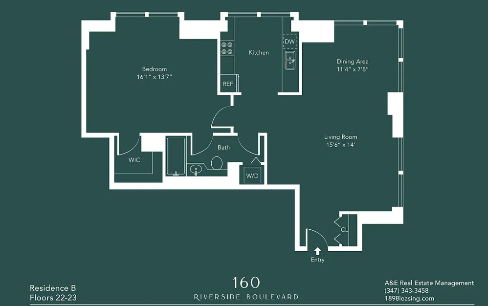 22B - 1 bedroom floorplan layout with 1 bathroom and 884 square feet (Floor 16)