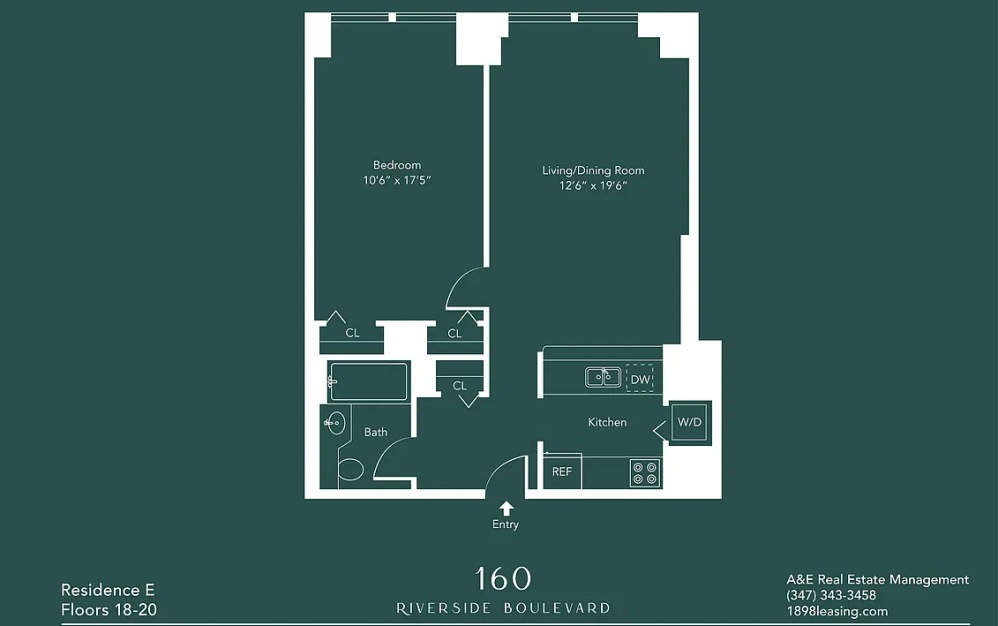 19E - 1 bedroom floorplan layout with 1 bathroom and 696 square feet (Floor 11)