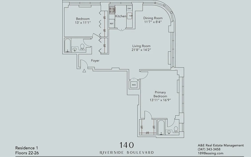 2601 - 2 bedroom floorplan layout with 2 bathrooms and 1266 square feet (Floor 14)