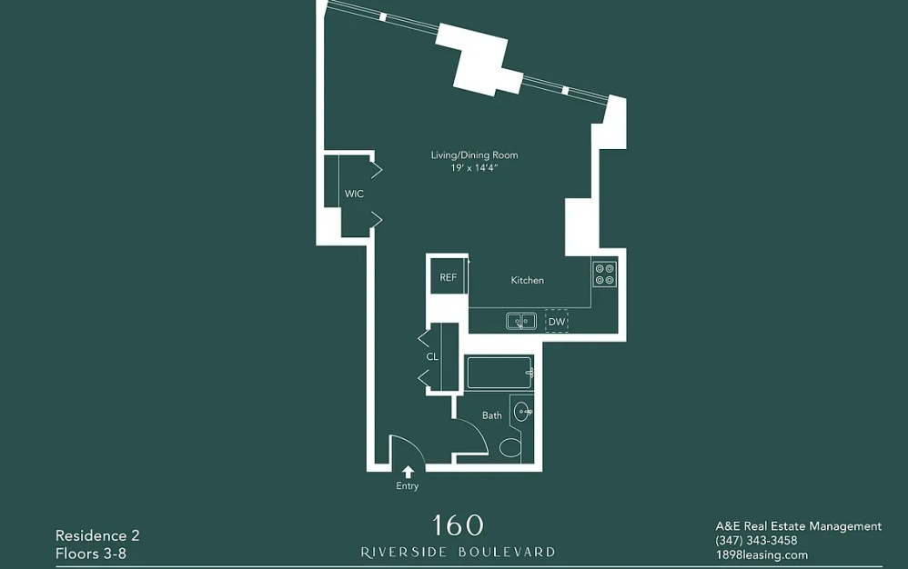 302 - Studio floorplan layout with 1 bathroom and 492 square feet (Floor 13)