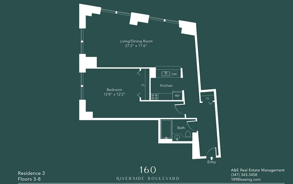 403 - 1 bedroom floorplan layout with 1 bathroom and 884 square feet (Floor 16)