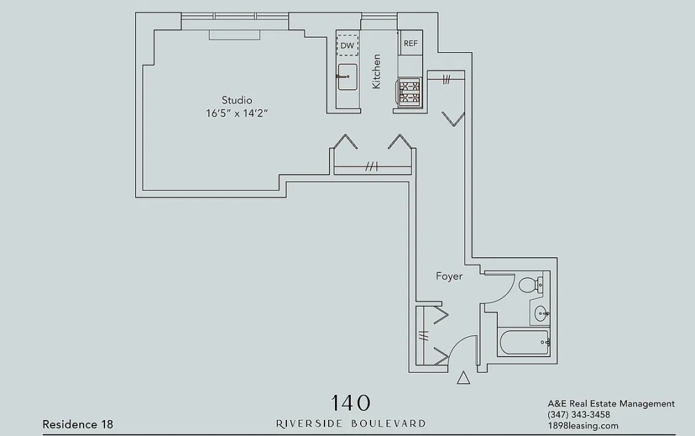 1418 - Studio floorplan layout with 1 bathroom and 582 square feet (Floor 12)