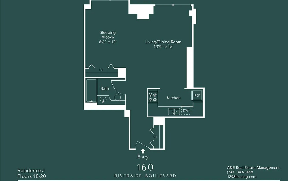 18J - Studio floorplan layout with 1 bathroom and 600 square feet (Floor 13)