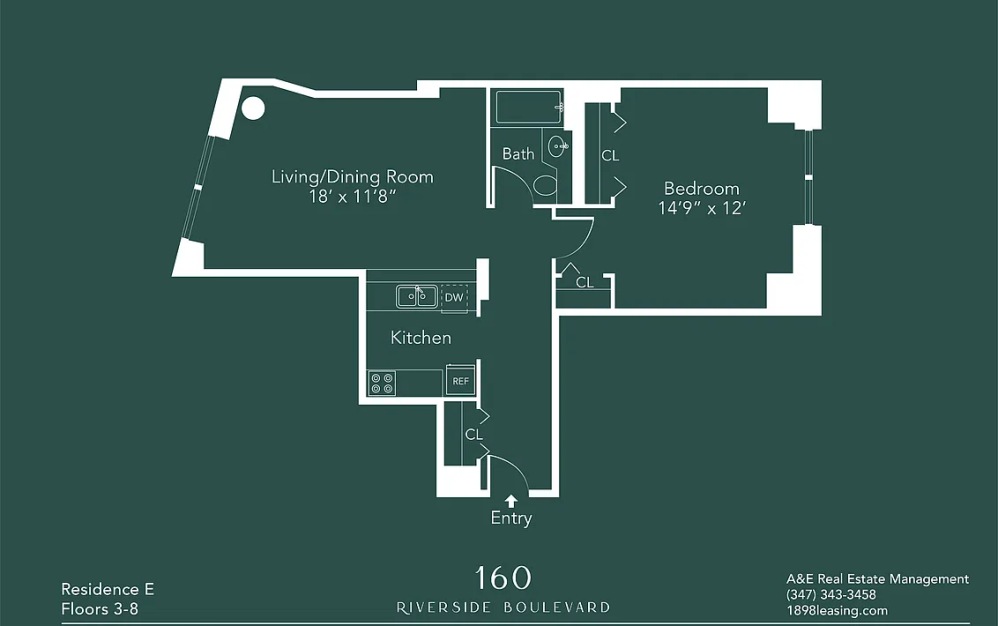5E - 1 bedroom floorplan layout with 1 bathroom and 727 square feet (Floor 13)