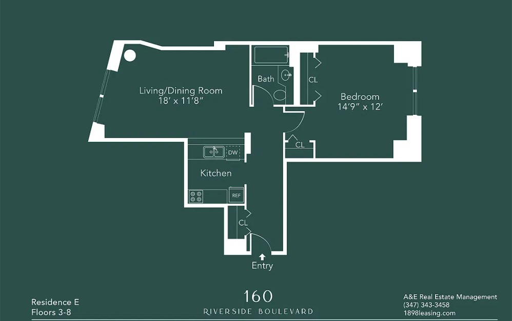 8E - 1 bedroom floorplan layout with 1 bathroom and 727 square feet (Floor 9)
