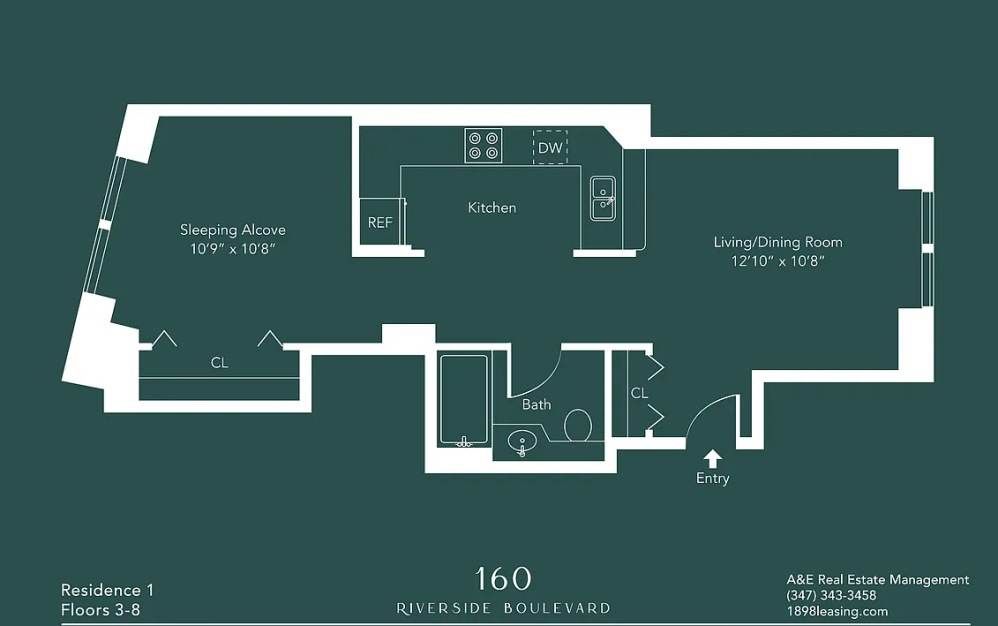 601 - 1 bedroom floorplan layout with 1 bathroom and 525 square feet (Floor 13)