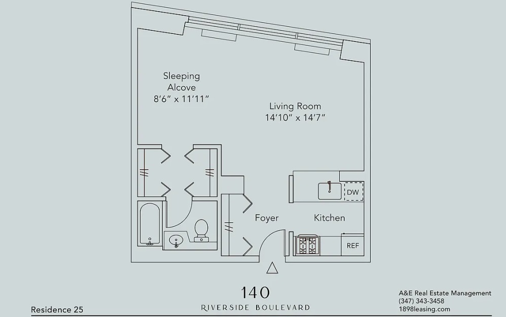625 - Studio floorplan layout with 1 bathroom and 574 square feet (Floor 14)