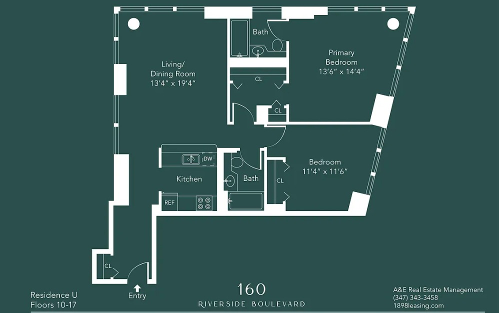 11U - 2 bedroom floorplan layout with 2 bathrooms and 1081 square feet (Floor 19)