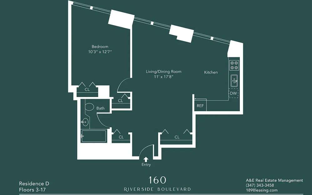 3D - 1 bedroom floorplan layout with 1 bathroom and 634 square feet (Floor 10)