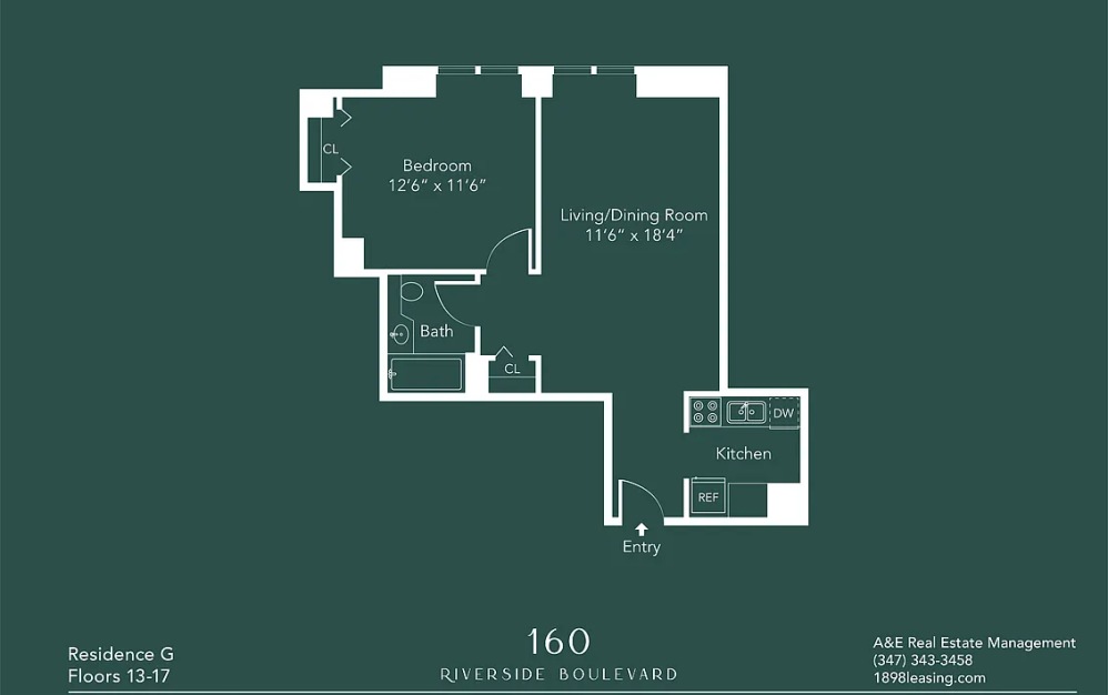7G - 1 bedroom floorplan layout with 1 bathroom and 651 square feet (Floor 11)