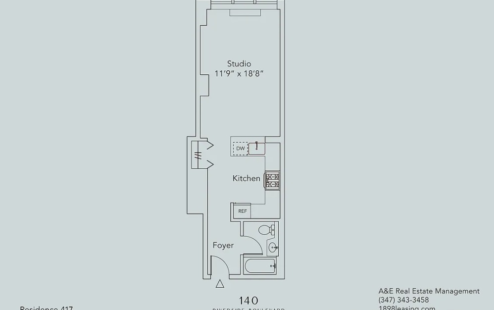 417 - Studio floorplan layout with 1 bathroom and 473 square feet (Floor 11)