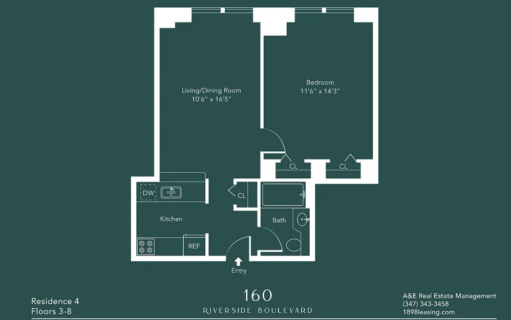 604 - 1 bedroom floorplan layout with 1 bathroom and 567 square feet (Floor 10)