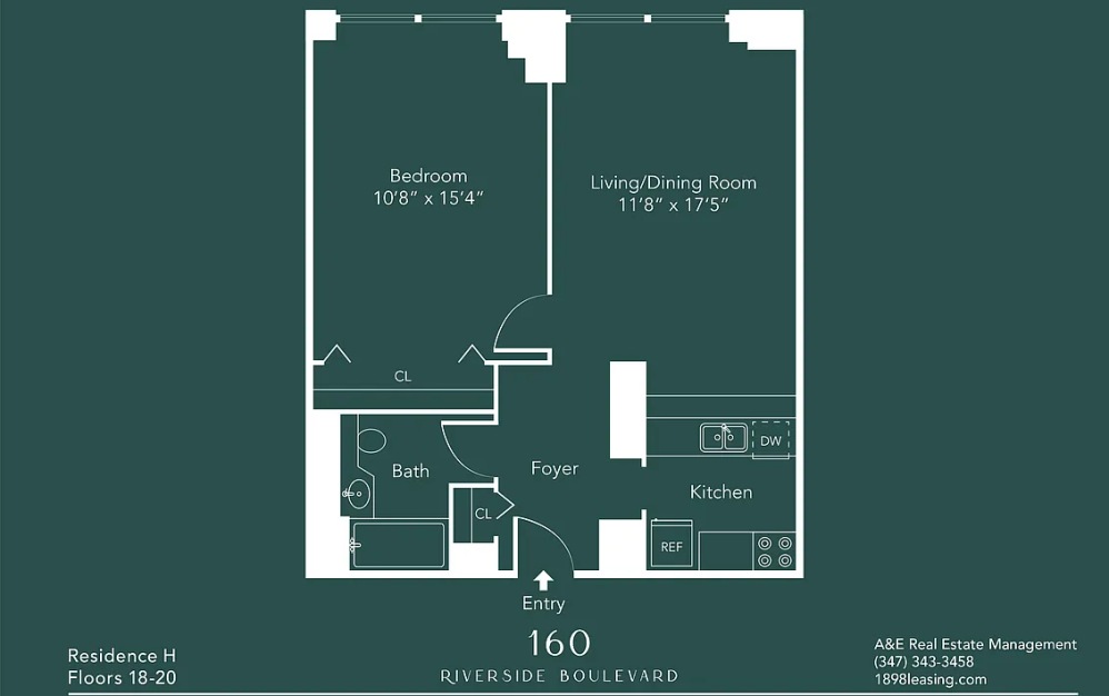 19H - 1 bedroom floorplan layout with 1 bathroom and 656 square feet (Floor 9)