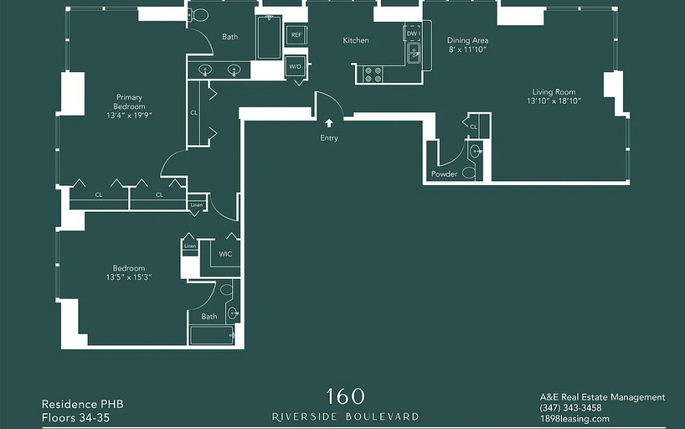 PH2B - 2 bedroom floorplan layout with 2.5 bathrooms and 1589 square feet (Floor 14)