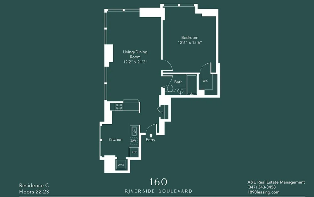 23C - 1 bedroom floorplan layout with 1 bathroom and 814 square feet (Floor 15)