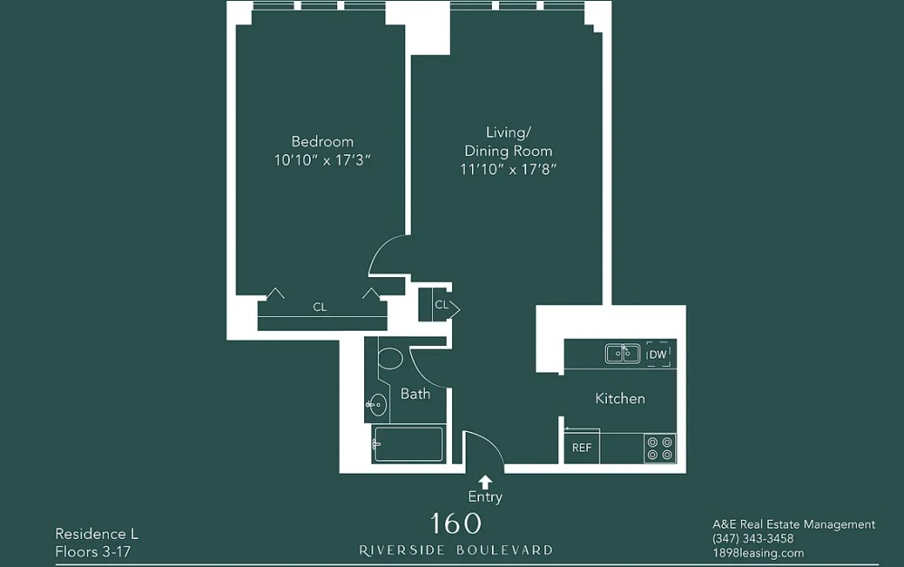 15L - 1 bedroom floorplan layout with 1 bathroom and 655 square feet (Floor 13)